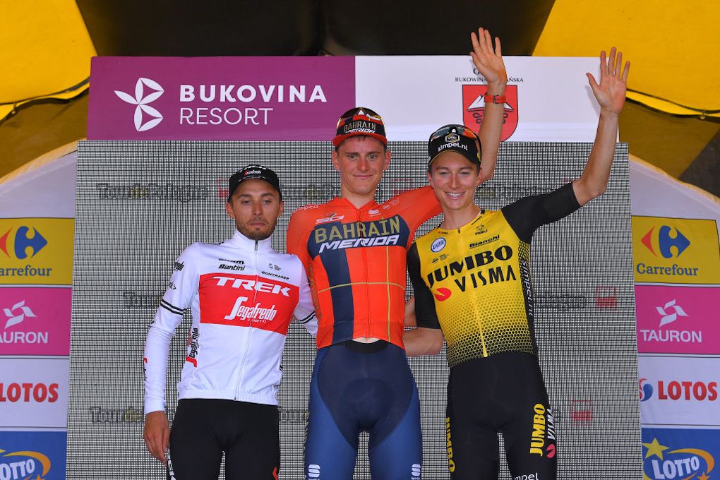 Brambilla, Mohoric and Powless on the stage 7 podium at Tour de Pologne