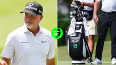 Jerry Kelly walks on and a close up of his bag