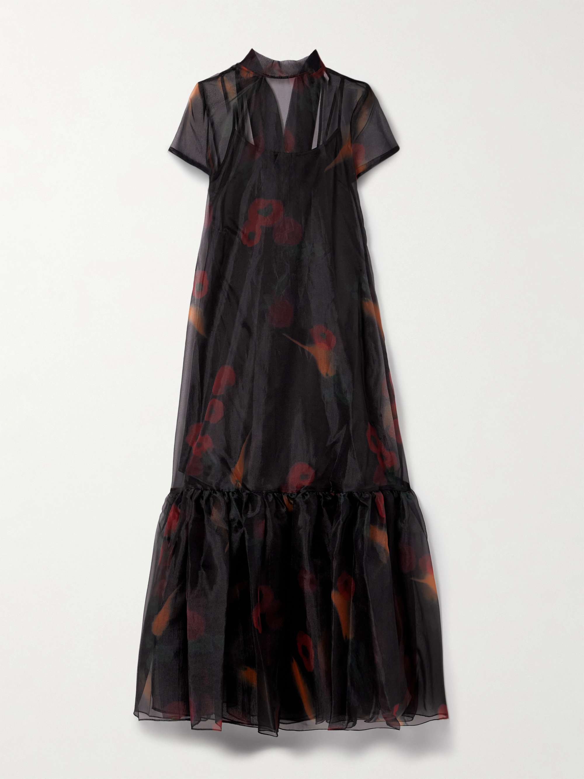 Calluna Tie-Neck Tiered Printed Organza Maxi Dress