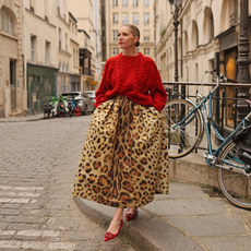 @blaireadiebee wears red cable knit jumper leopard print skirt