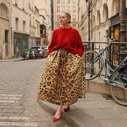 @blaireadiebee wears red cable knit jumper leopard print skirt