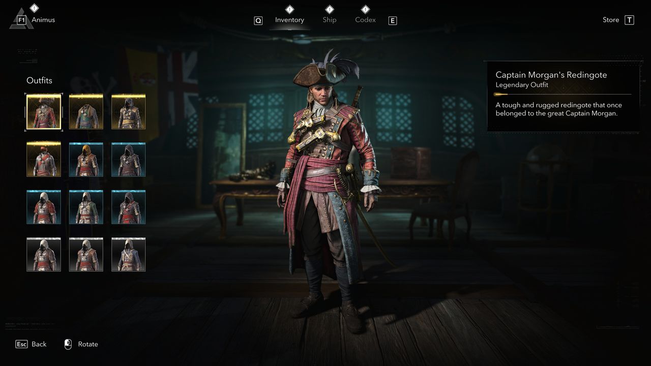 Black Flag outfits: Captain Morgan's Redingote outfit viewed in the menu.
