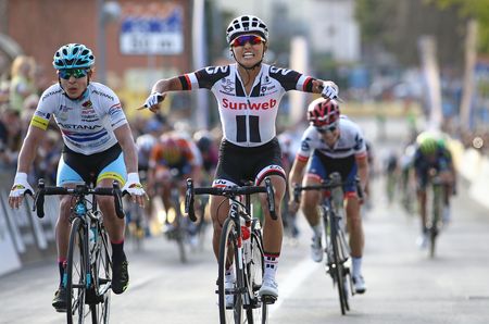 Coryn Rivera (Team Sunweb) celebrates victory, Arlenis Sierra (Astana) celebrates second place