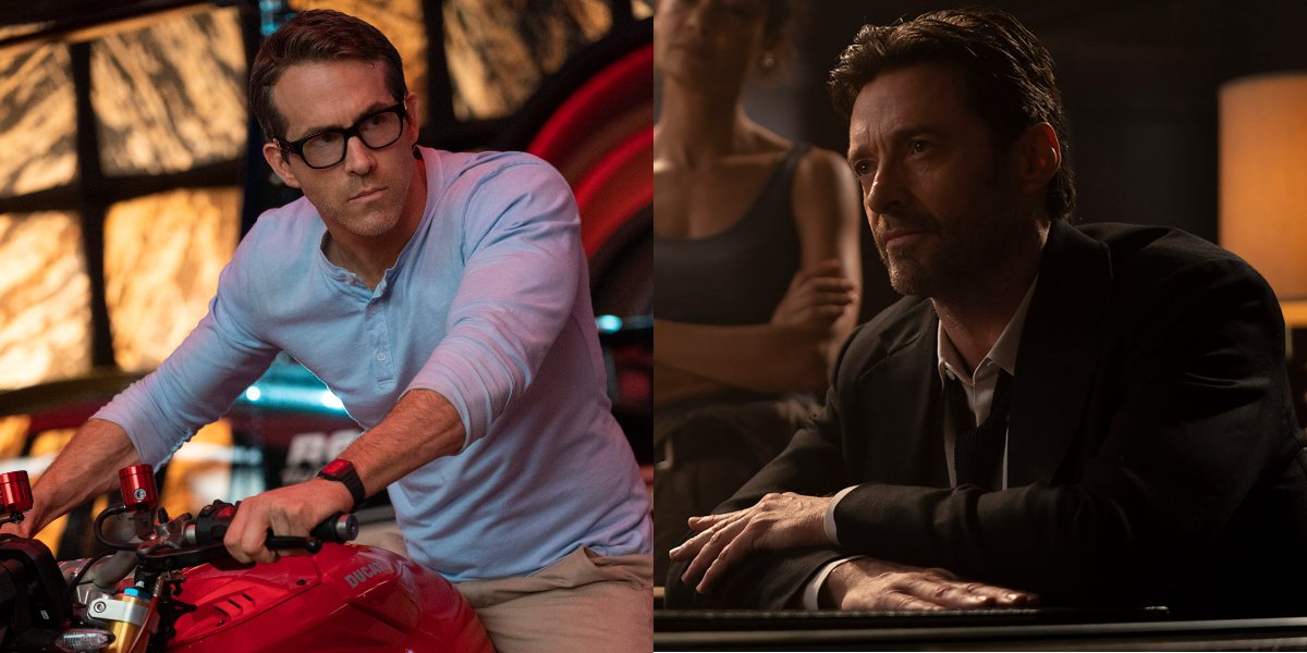 Ryan Reynolds in Free Guy and Thandiwe Newton with Hugh Jackman in Reminiscence, side by side