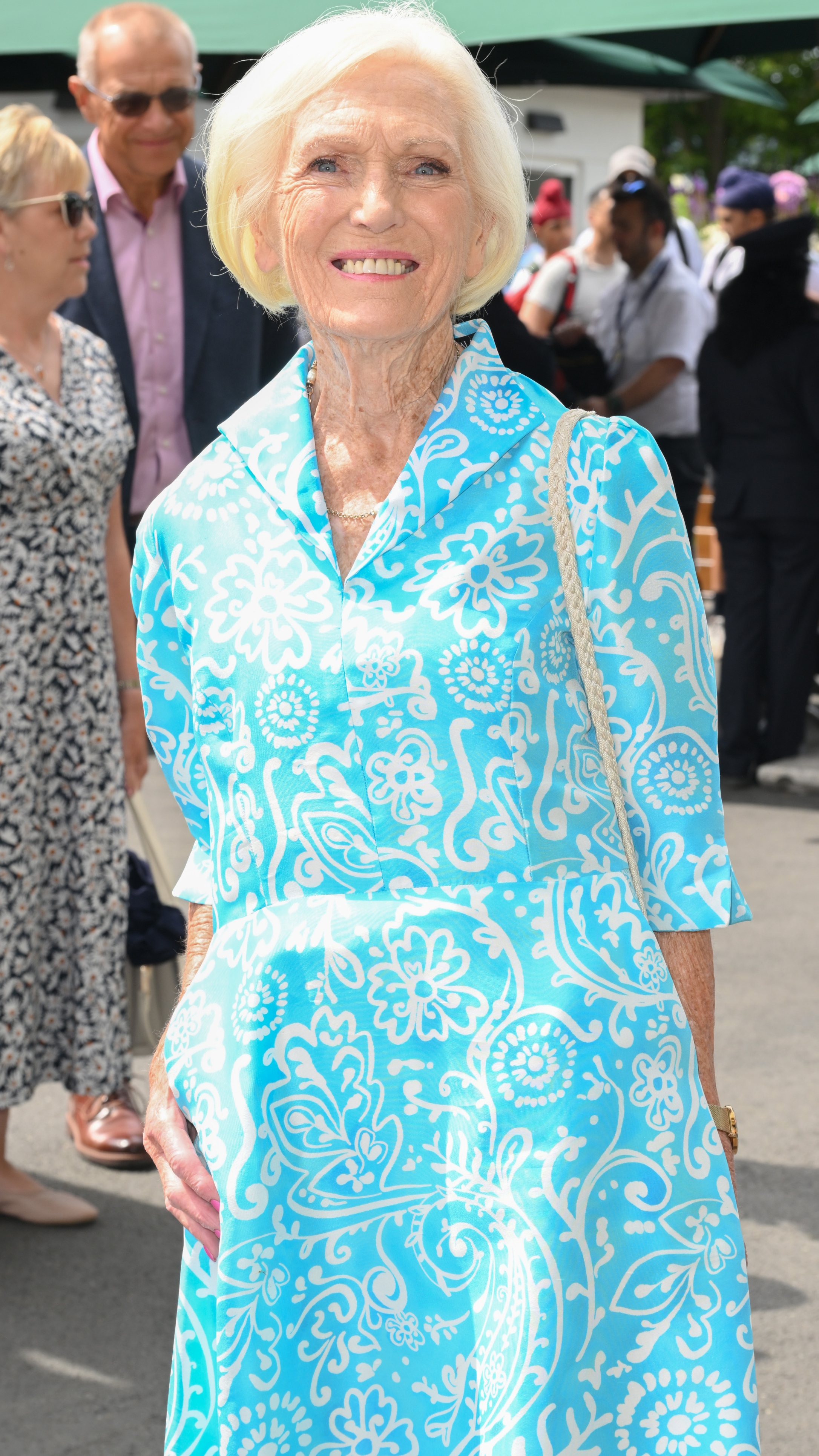 Dame Mary Berry smiles as she attends day five of the Wimbledon Tennis Championships at the All England Lawn Tennis and Croquet Club on July 04, 2025