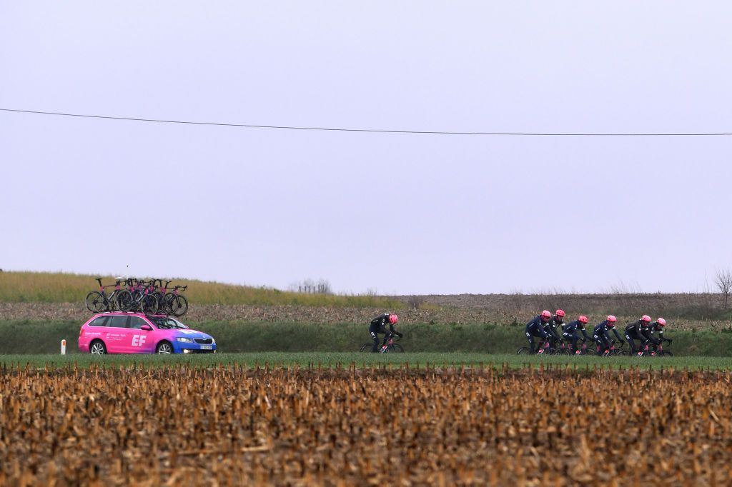 OUDENAARDE BELGIUM FEBRUARY 27 Logan Owen of The United States and Team EF Education First Jonas Rutsch of Germany and Team EF Education First Jens Keukeleire of Belgium and Team EF Education First Kristoffer Halvorsen of Norway and Team EF Education First Sep Vanmarcke of Belgium and Team EF Education First Peloton Landscape during the 75th Omloop Het Nieuwsblad 2020 Team EF Pro Cycling recon route OHN2020 OHN20 efprocycling on February 27 2020 in Oudenaarde Belgium Photo by Luc ClaessenGetty Images