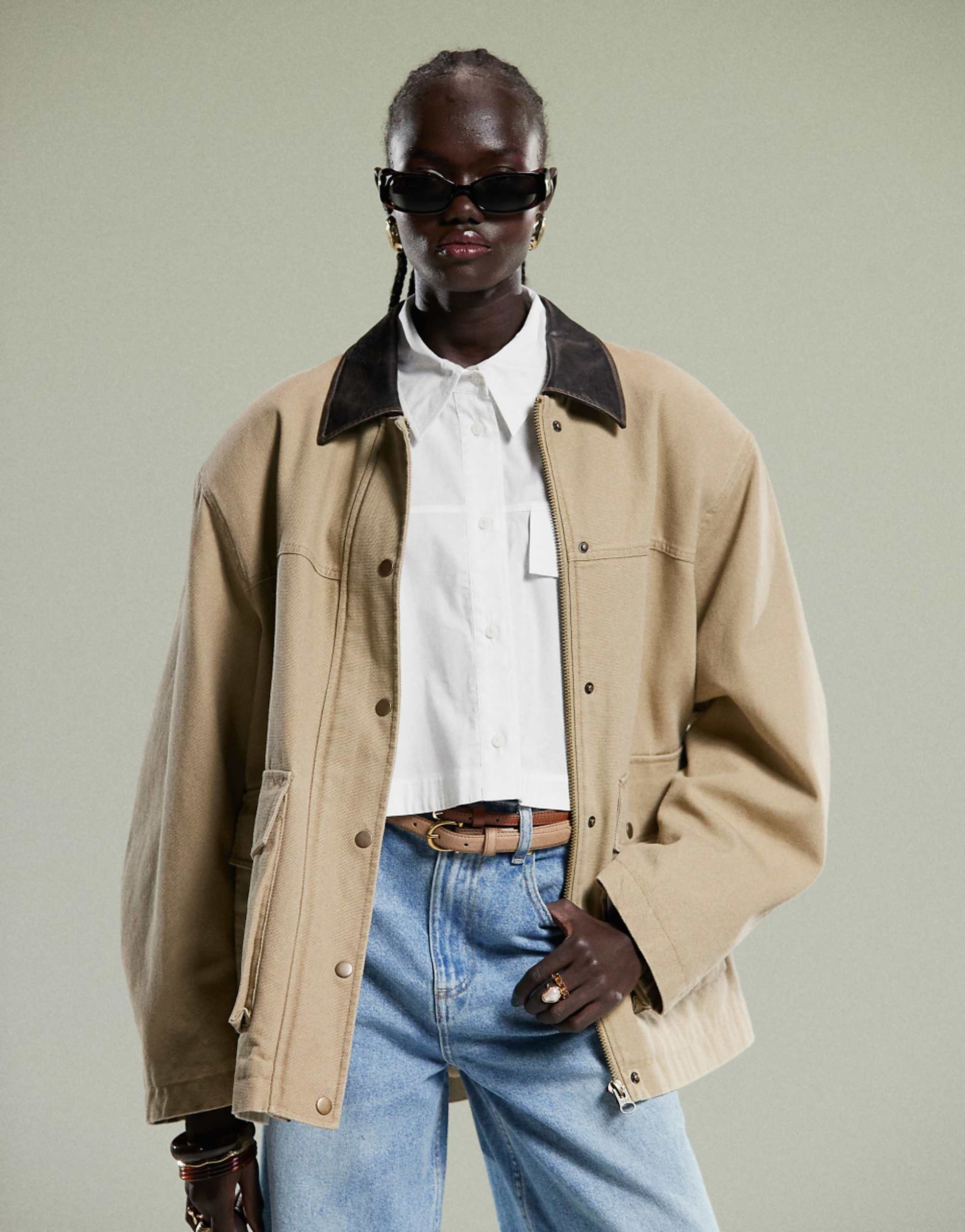 Asos Design Oversized Washed Barn Jacket With Leather Look Collar in Stone