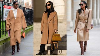 street style influencers wearing camel coat outfits for work