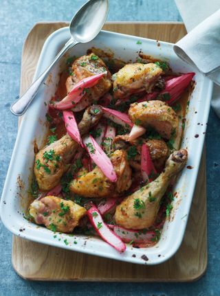 Trina Hahnemann's chicken with baked rhubarb