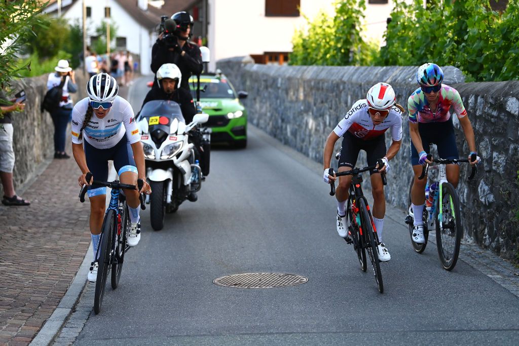 VADUZ SWITZERLAND JUNE 18 LR Lucinda Brand of The Netherlands and Team Trek Segafredo Clara Koppenburg of Germany and Cofidis Women Team and Pauliena Rooijakkers of The Netherlands and Team CanyonSRAM Racing compete in the breakaway during the 2nd Tour de Suisse Women 2022 Stage 1 a 46km stage from Vaduz to Vaduz ourdesuisse2022 on June 18 2022 in Vaduz Switzerland Photo by Tim de WaeleGetty Images