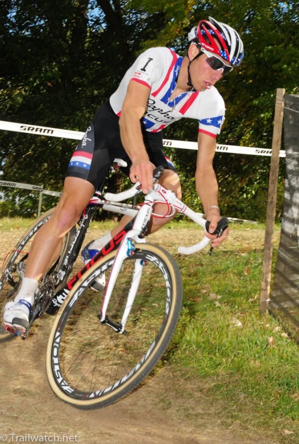 Jeremy Powers (Rapha-Focus) on a downhill corner with a sizable lead over the field