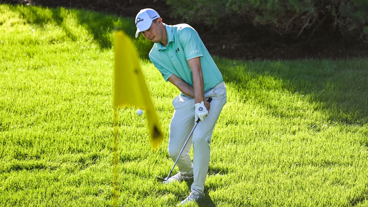 Matt Fitzpatrick of England chips a shot during the first round of the 2020 CJ Cup@ Shadow Creek