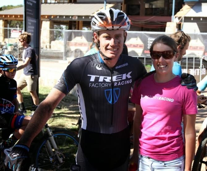 Dan McConnell just after winning elite men's cross country, with Bec Henderson, elite women's winner