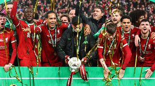 Liverpool players and manager Jurgen Klopp celebrate after winning the Carabao Cup in February 2024.