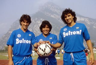 Napoli trio Andrea Carnevale (left), Diego Maradona and Fernando De Napoli pose for a picture in the 1986/87 season.