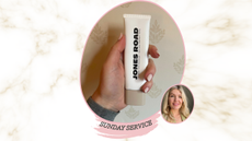 A hand with white nails and a grey sleeve holding Jones Road Just Enough Tinted Moisturiser