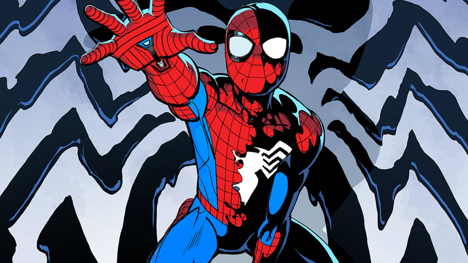 Spider-Man in front of the Venom logo with his suit changing to the symbiote costume