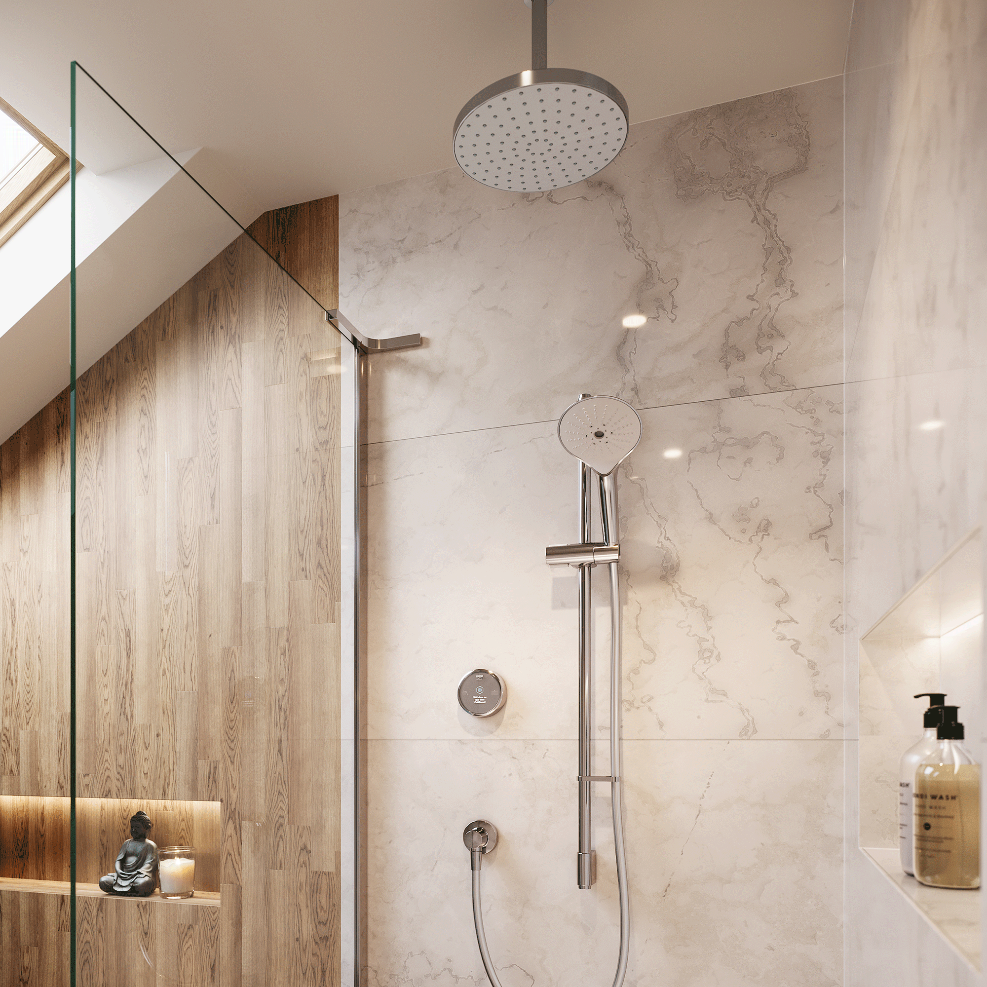 Silver shower head in bathroom with wooden cladding