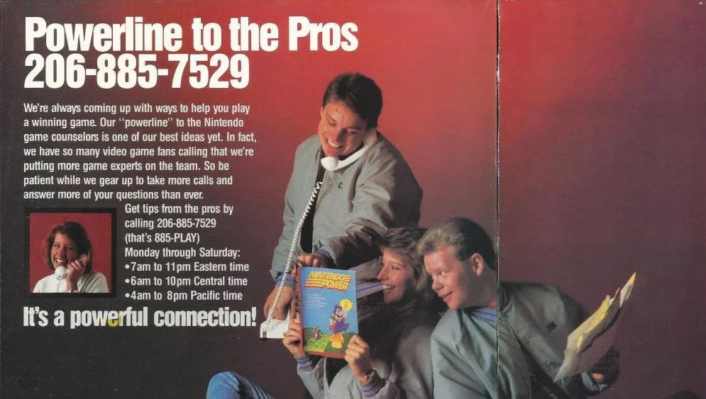 A photo of an advertisement for Nintendo's &amp;quot;Power Line&amp;quot; game tips hotline.