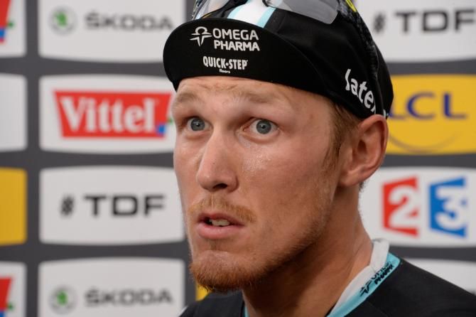 Matteo Trentin awaits the final decision on the stage 7 winner which was decided by a photo finish