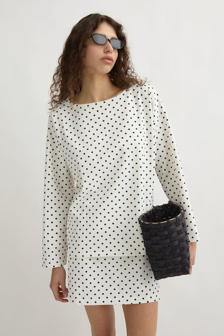 Bea Long Sleeve Top - Cream Black Polka Dot