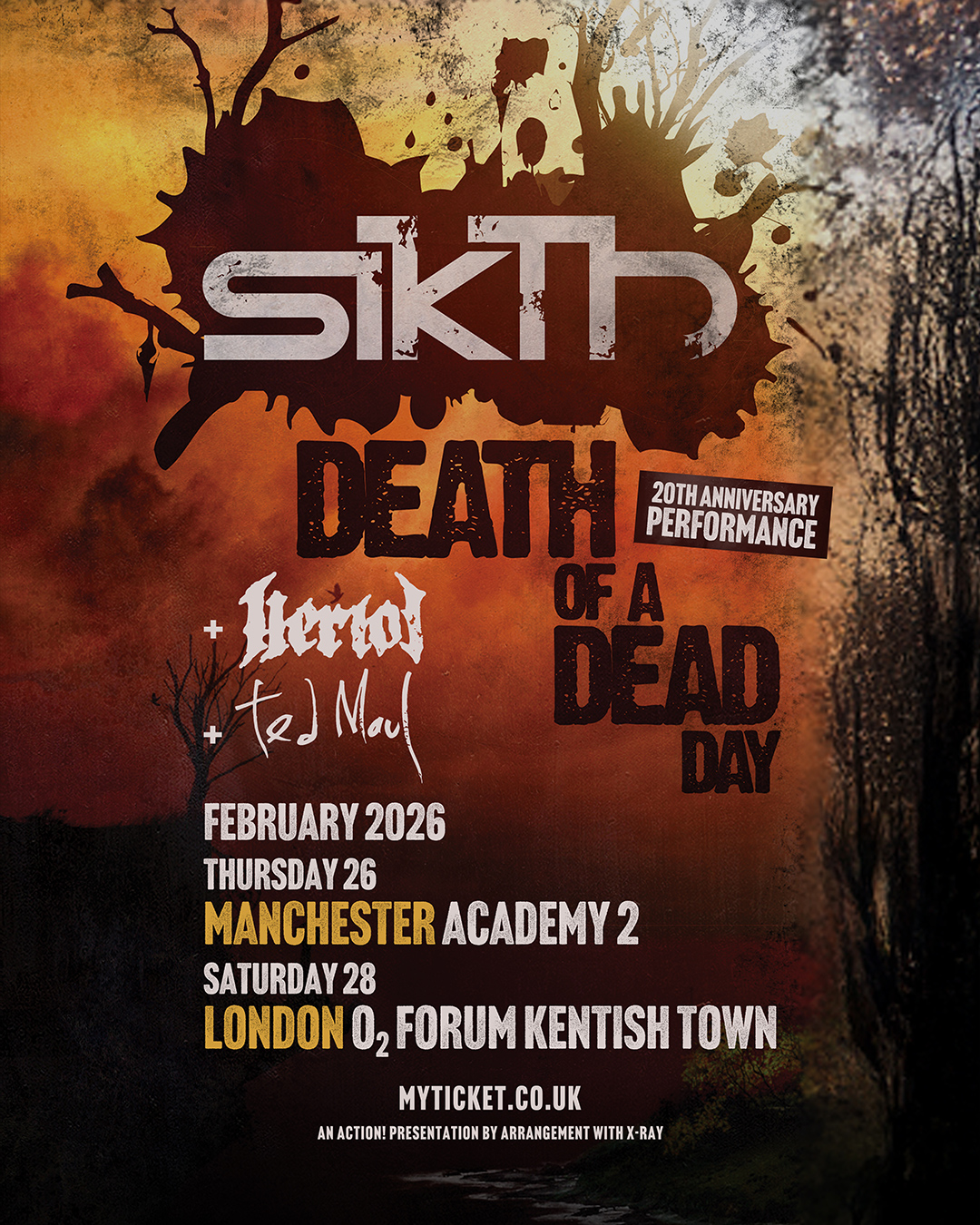 tour poster for Sikth&#039;s 2026 shows, featuring heriot and ted maul