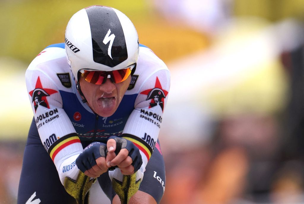 QuickStep Alpha Vinyl Teams Belgian rider Yves Lampaert cycles to the finish line during the 1st stage of the 109th edition of the Tour de France cycling race 132 km individual time trial stage in Copenhagen in Denmark on July 1 2022 Photo by Thomas SAMSON AFP Photo by THOMAS SAMSONAFP via Getty Images