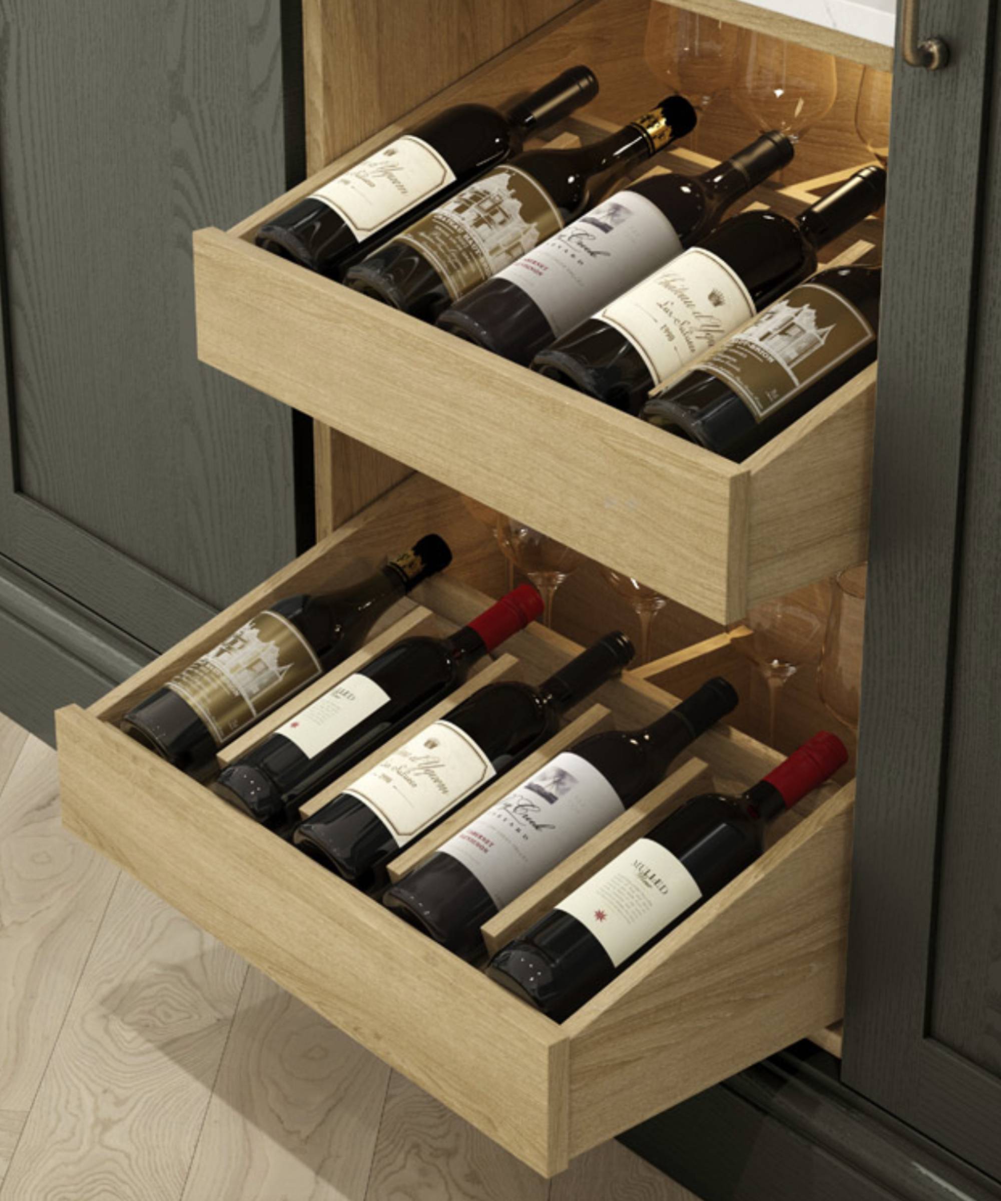 Kitchen wine drawers with lighting and glass storage