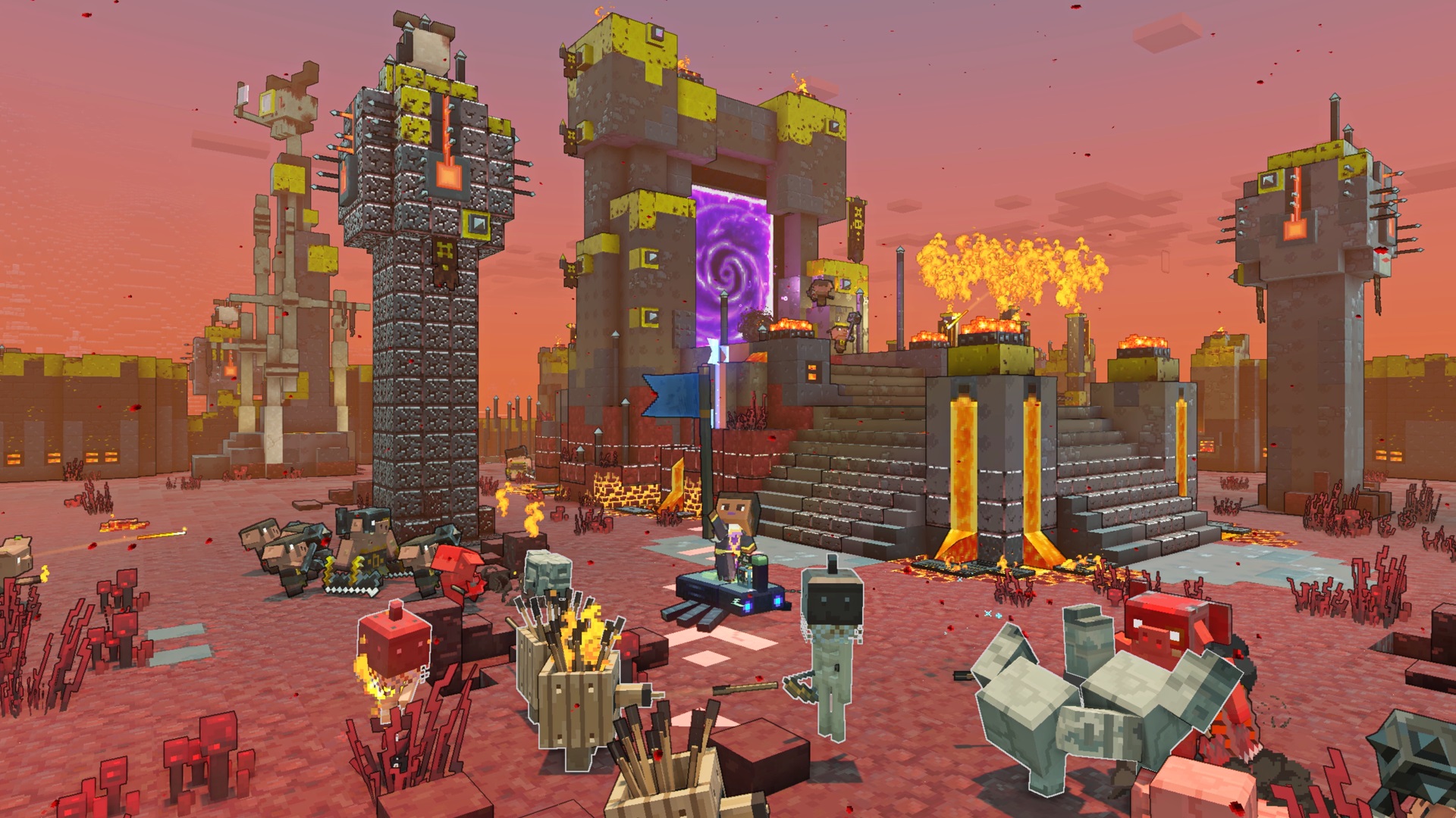 Minecraft Legends player character in an underworld raises a flag to summon mafia allies.