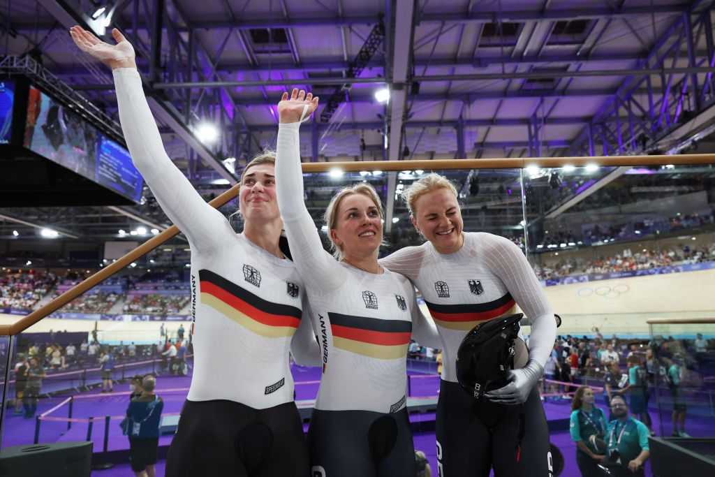 PARIS FRANCE AUGUST 05 Pauline Grabosch Emma Hinze and Lea Friedrich of Team Germany celebrates as Bronze medal winners during the Womens Team Sprint Finals on day ten of the Olympic Games Paris 2024 at SaintQuentinenYvelines Velodrome on August 05 2024 in Paris France Photo by Alex BroadwayGetty Images