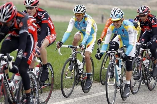 Alberto Contador (Astana) rides in the midst of the peloton on stage one