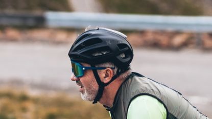 Paul Brett riding in the Kask Protone helmet on the Bealach na Ba in Scotland