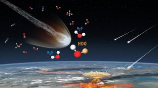 Ilustracja artysty pokazująca wiele komet uderzających w ziemię, z stylizowanymi cząsteczkami wody unosząc się w otaczającej ich atmosferze