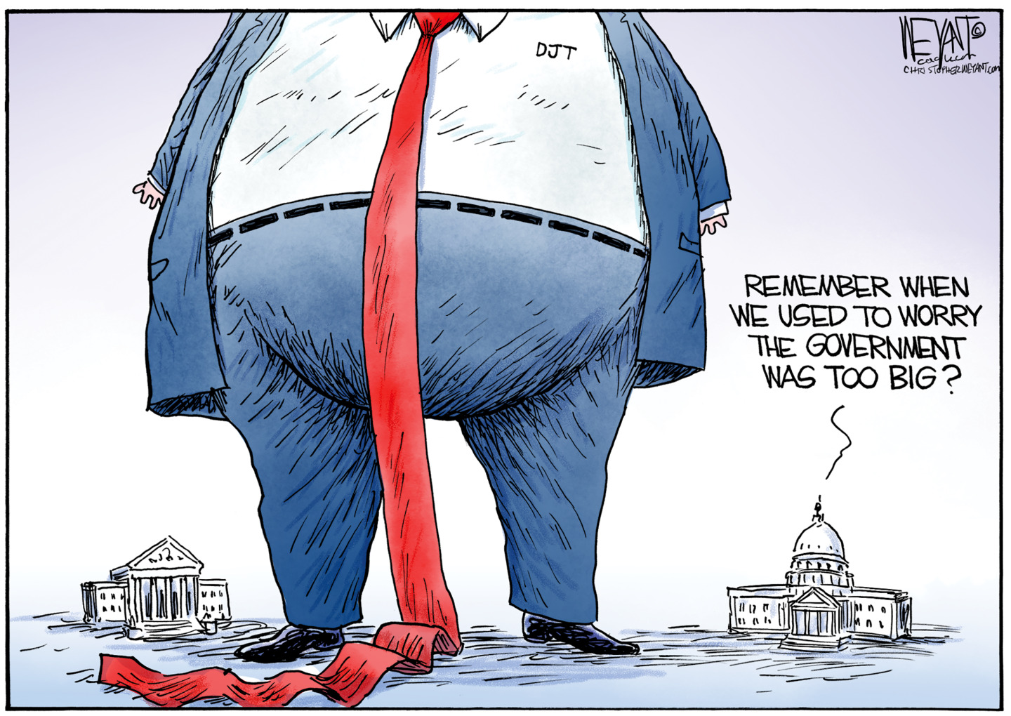 This cartoon depicts a giant, comically overweight Donald Trump looming over the White House and Capitol in Washington DC. A voice from the Capitol says, &amp;ldquo;Remember when we used to worry the government was too big?&amp;rdquo;