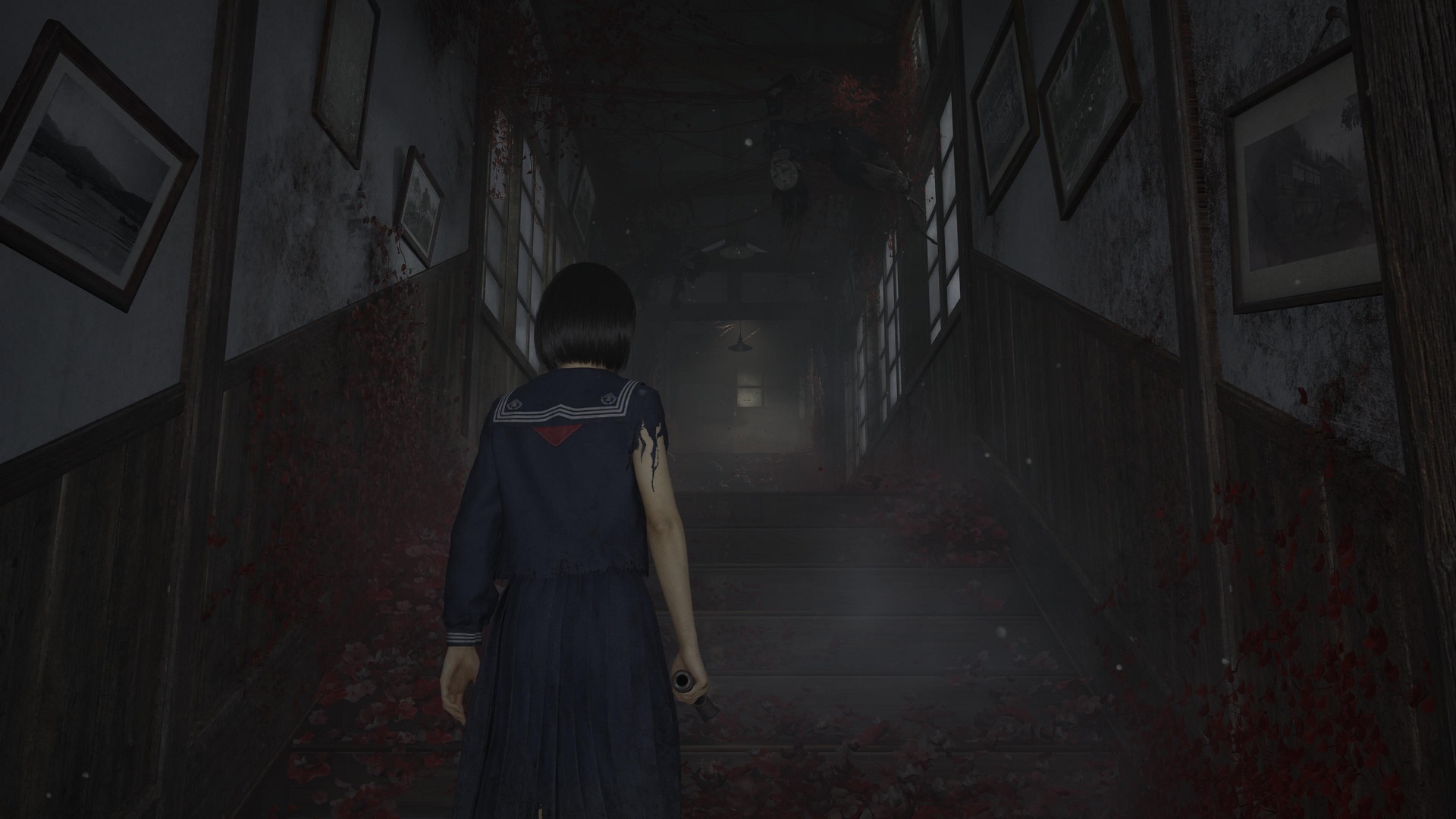 Hinako walking through an old school in Silent Hill f