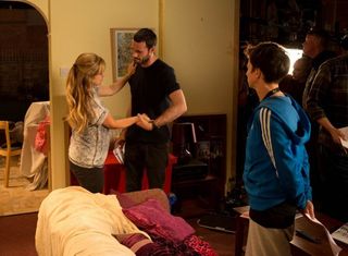 Sean Ward and Tina O'Brien rehearse the fight scenes for the Corrie live episode
