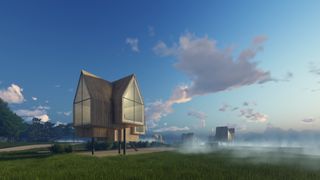 A concepet photo of ten small holiday chalets on stilts in an area surrounded by nature.