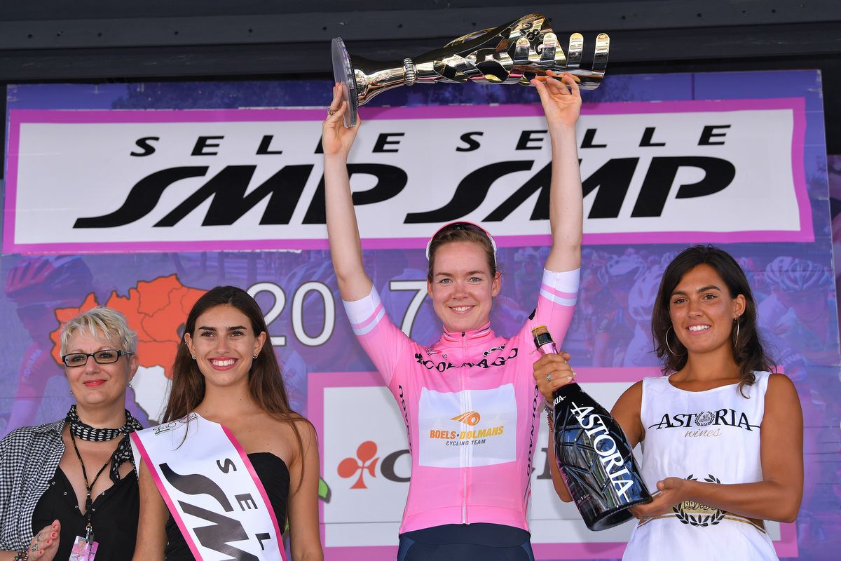 Anna van der Breggen (Boels-Dolmans) standing atop the podium