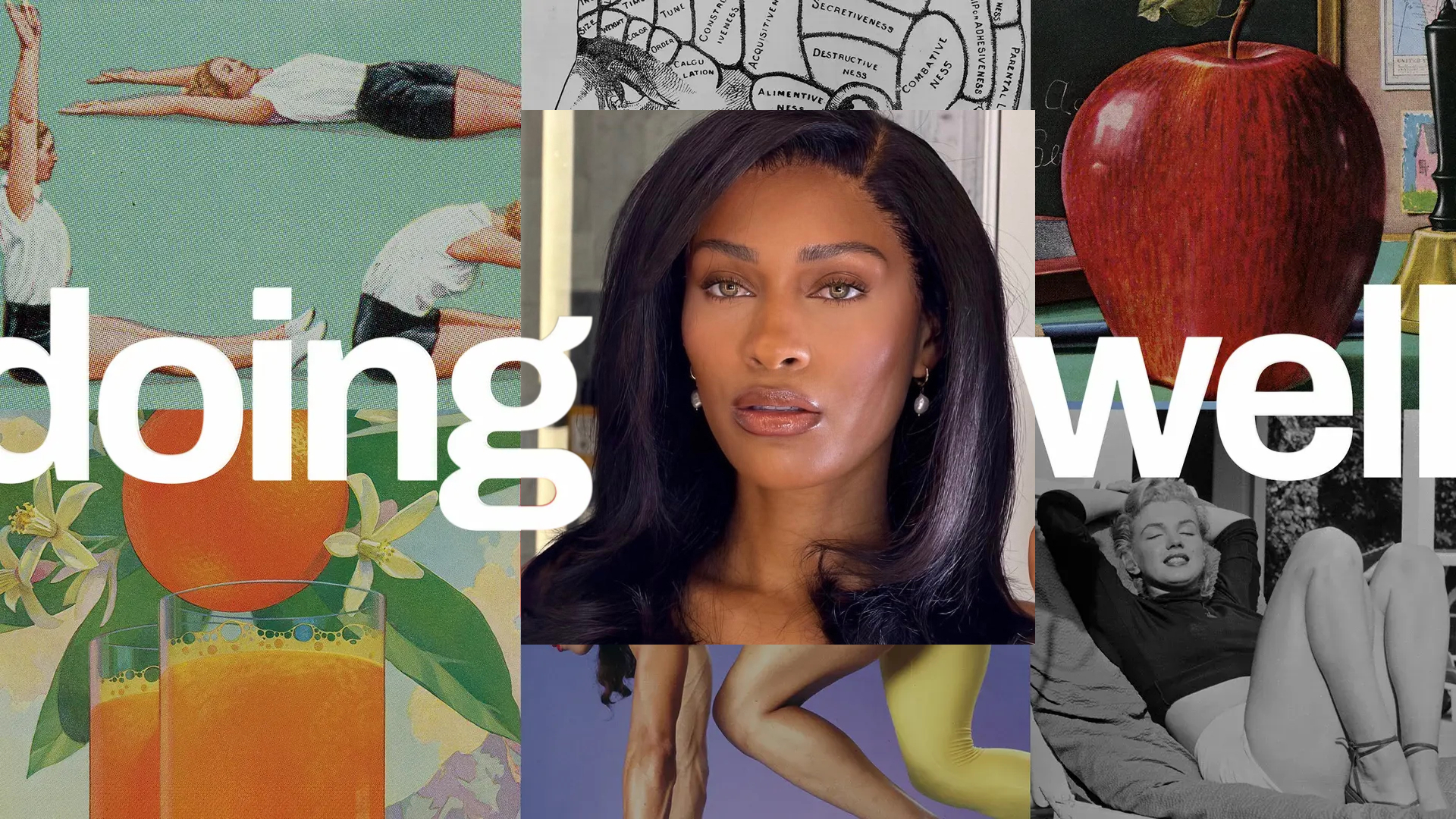 a black woman in the middle of an art treatment with colorful and black and white graphics with white text that says "doing well"