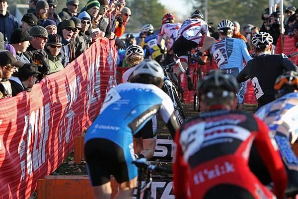 The barriers were crowded for racers and spectators alike.
