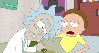 rick spilling on morty in bed