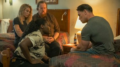 Jennifer Holland, Danielle Brooks, Steve Agee, and John Cena in Peacemaker season 2.