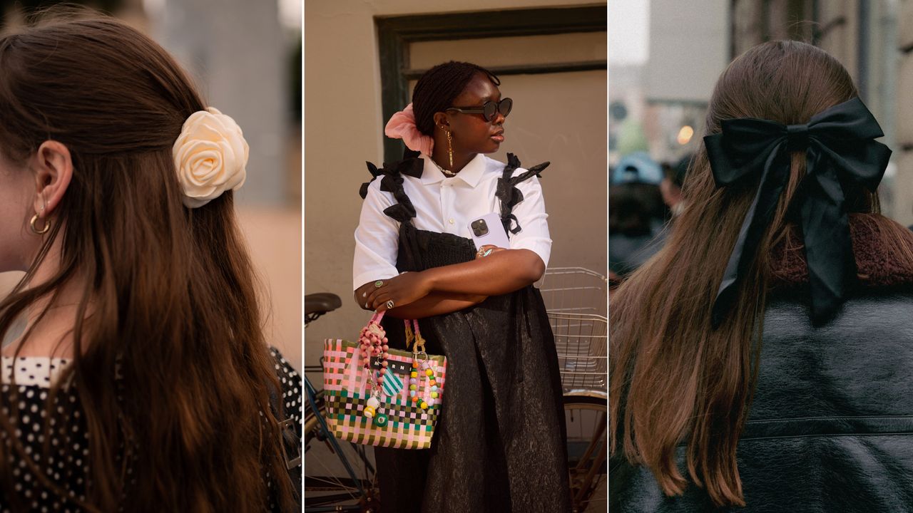 a collage of three women wearing hair clips and scrunchies from Pico Copenhagen