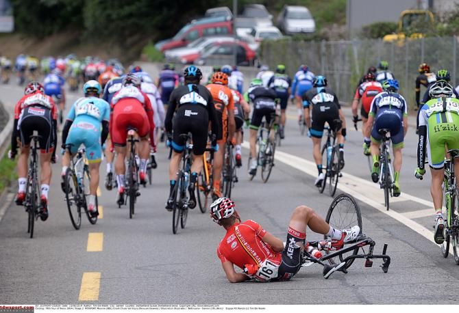 Maxime Monfort (Lotto Belisol) on the ground during stage two