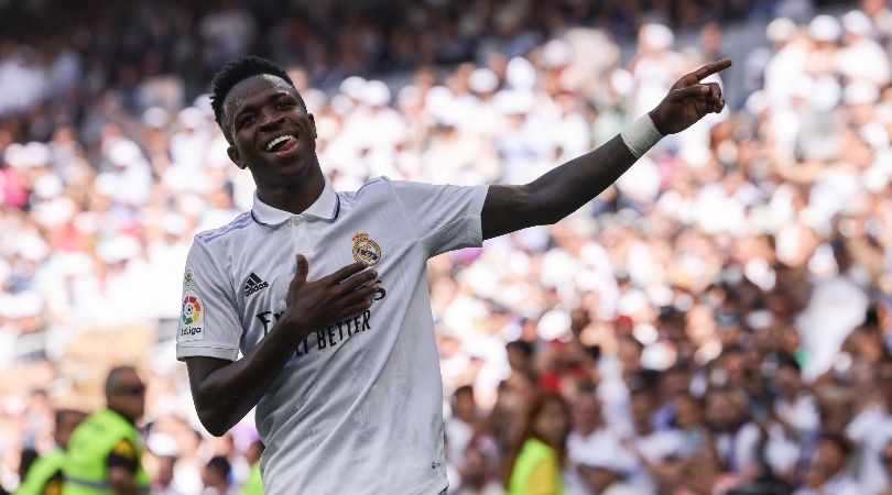 Real Madrid forward Vinicius Junior celebrates after scoring a goal against Mallorca at the Santiago Bernabeu.