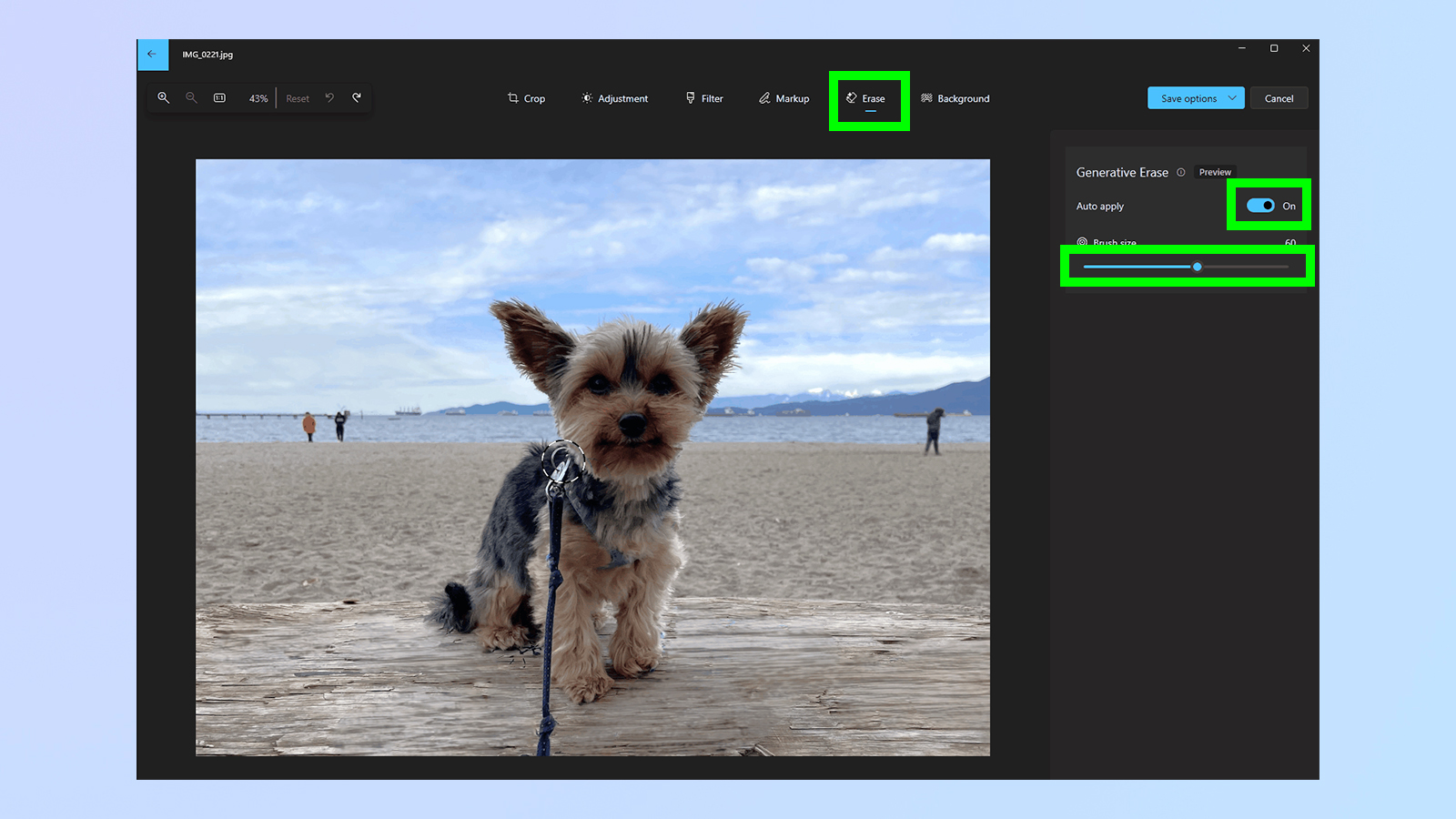 A screenshot showing how to use Generative erase in MS Photos