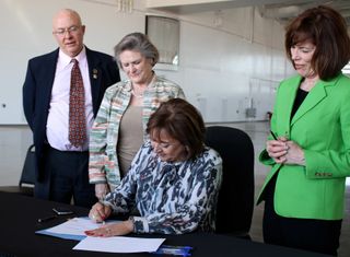 (Left to right) Rick Holdridge, New Mexico Spaceport Authority (NMSA) board chairman, New Mexico Sen. Mary Kay Papen, New Mexico Gov. Susana Martinez and Christine Anderson, executive director of the NMSA.