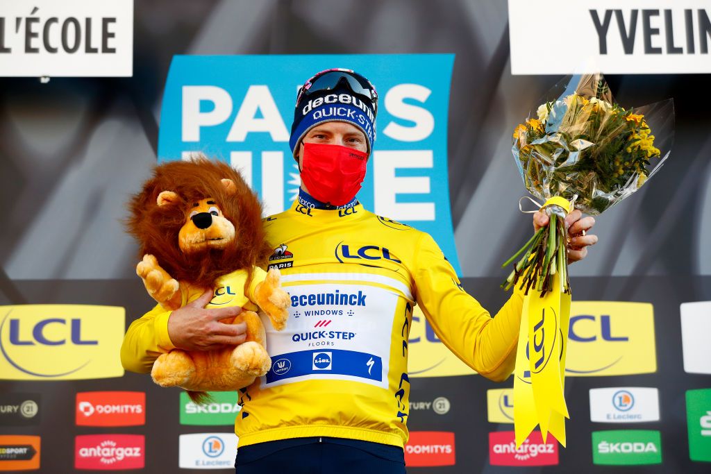 SAINTCYRLECOLE FRANCE MARCH 07 Podium Sam Bennett of Ireland and Team Deceuninck QuickStep Yellow Leader Jersey Celebration during the 79th Paris Nice 2021 Stage 1 a 166km stage from SaintCyrlEcole to SaintCyrlEcole Lion Mascot Trophy Mask Covid Safety Measures ParisNice on March 07 2021 in SaintCyrlEcole France Photo by Bas CzerwinskiGetty Images