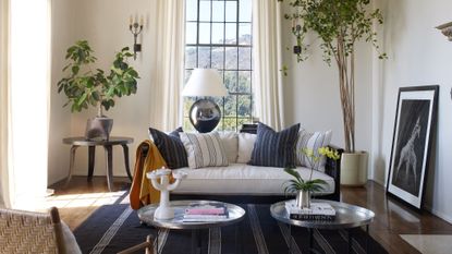 living room with tall black framed windows, white sofa, vintage feel, and tall potted tree by windows