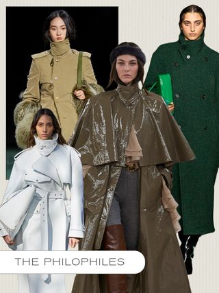 a collage of runway images from the fall/winter 2024 collections featuring the season's top coat trends